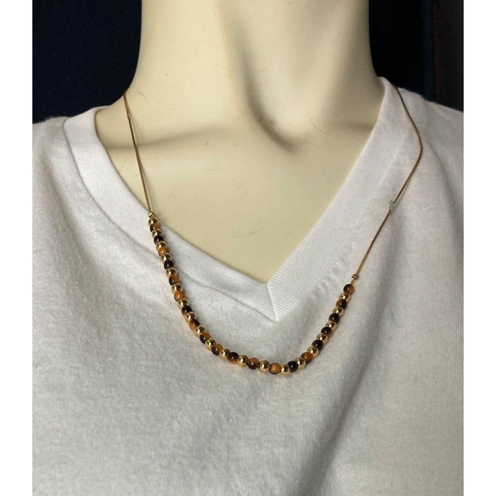 Gold Tone Beaded‎ Necklace Tiger Eye Gemstone Accent